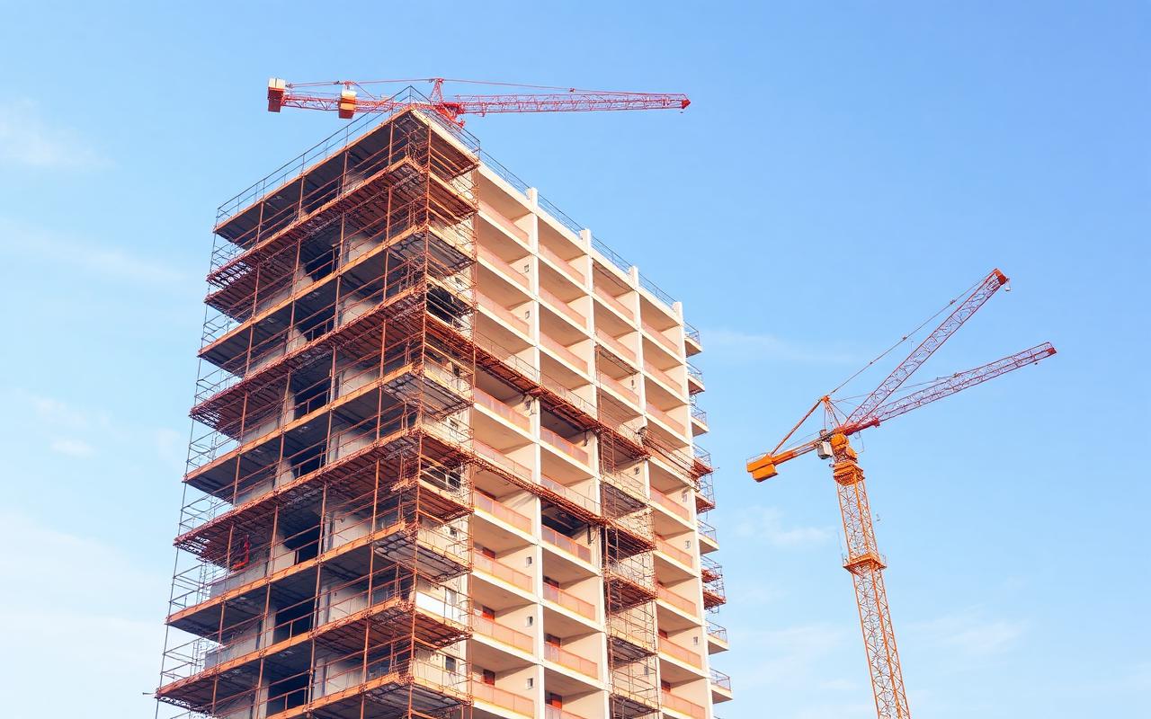 Apartment building construction site with workers and stacked materials