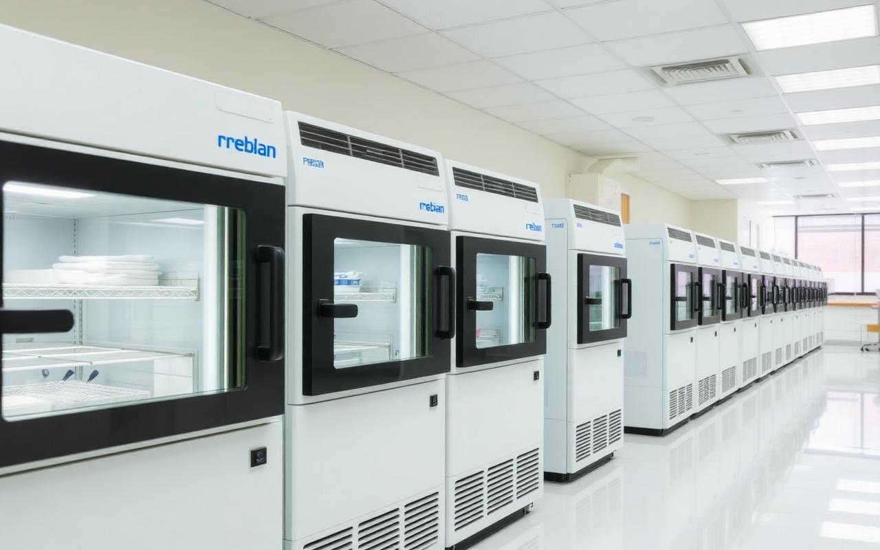Row of ultra-low temperature laboratory freezers